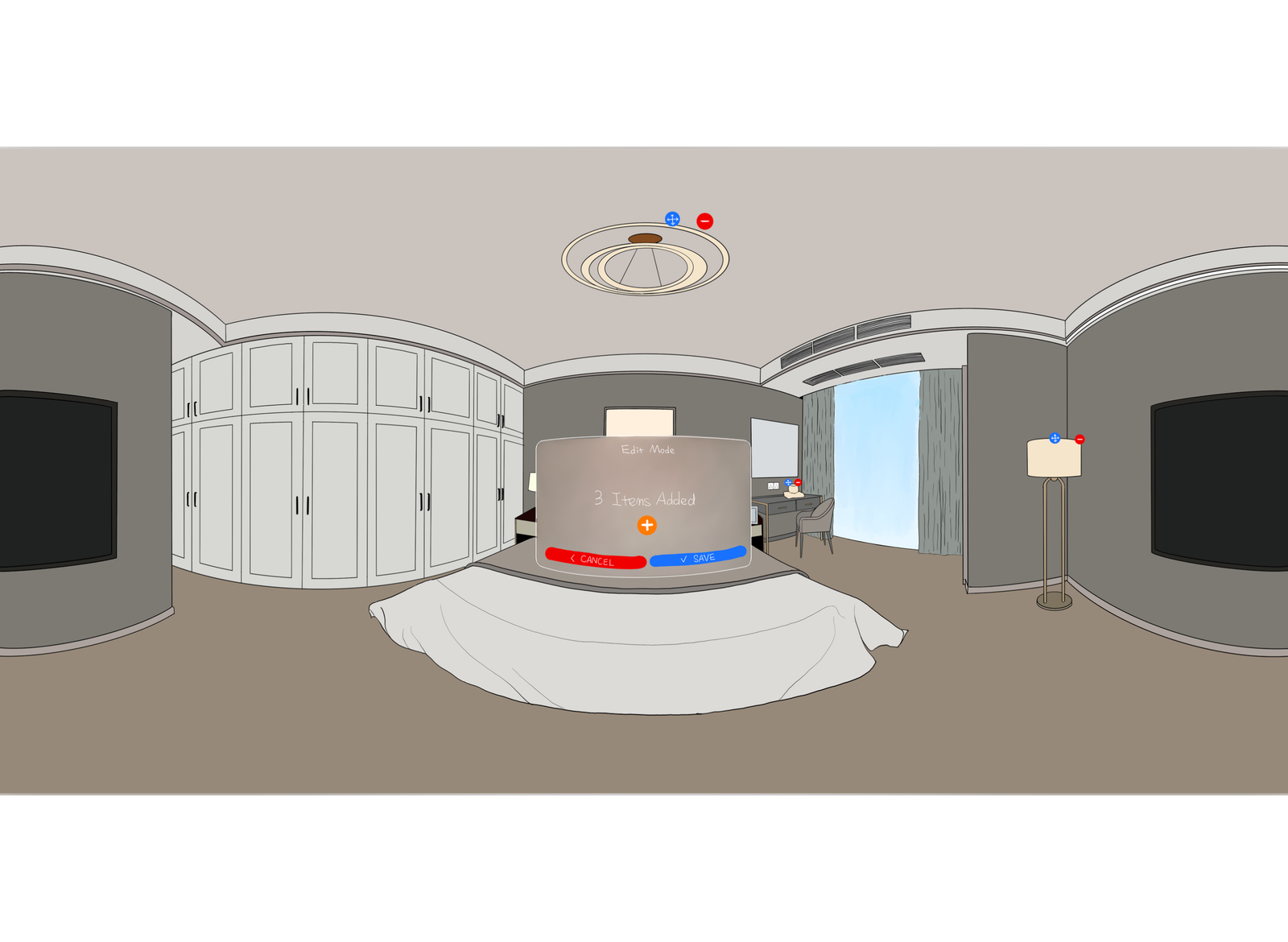 Personalised Bedroom Space: Early concept exploring a personalised virtual sanctuary where users could customise their space with meaningful objects and memories from home.