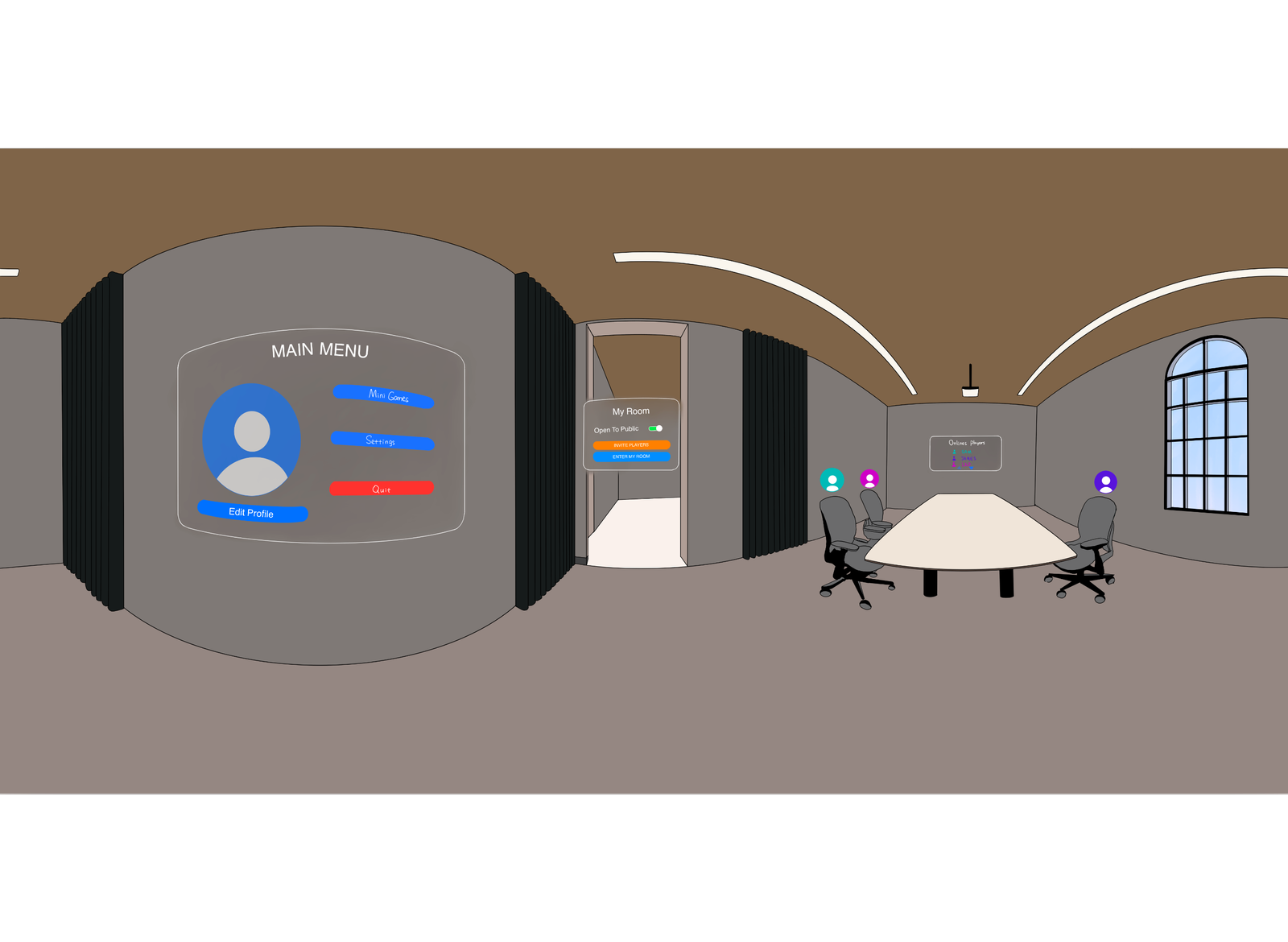 Shared Community Hub: 360° concept for a communal lobby where users could manage their profile, discover other users, and access shared experiences.