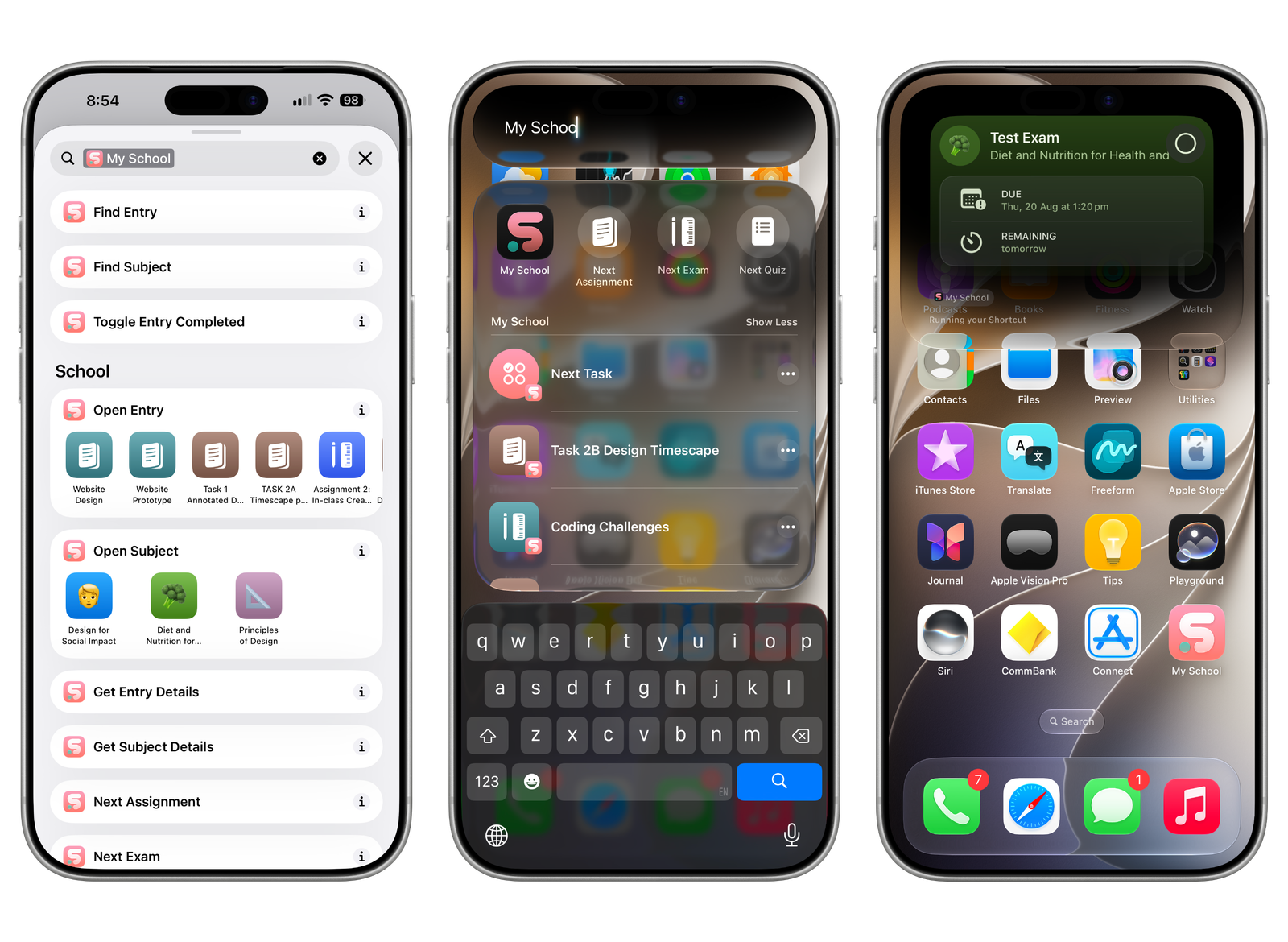Deep integration with Siri and Apple Shortcuts enables students to quickly access subjects, assignments, and common actions using natural language and system automation.
