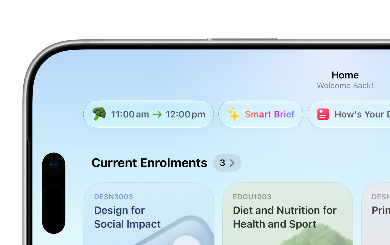 Contextual shortcuts surface frequently used information such as schedules, transport, weather, wellbeing, and AI-powered summaries, reducing the need to navigate throughout the app.