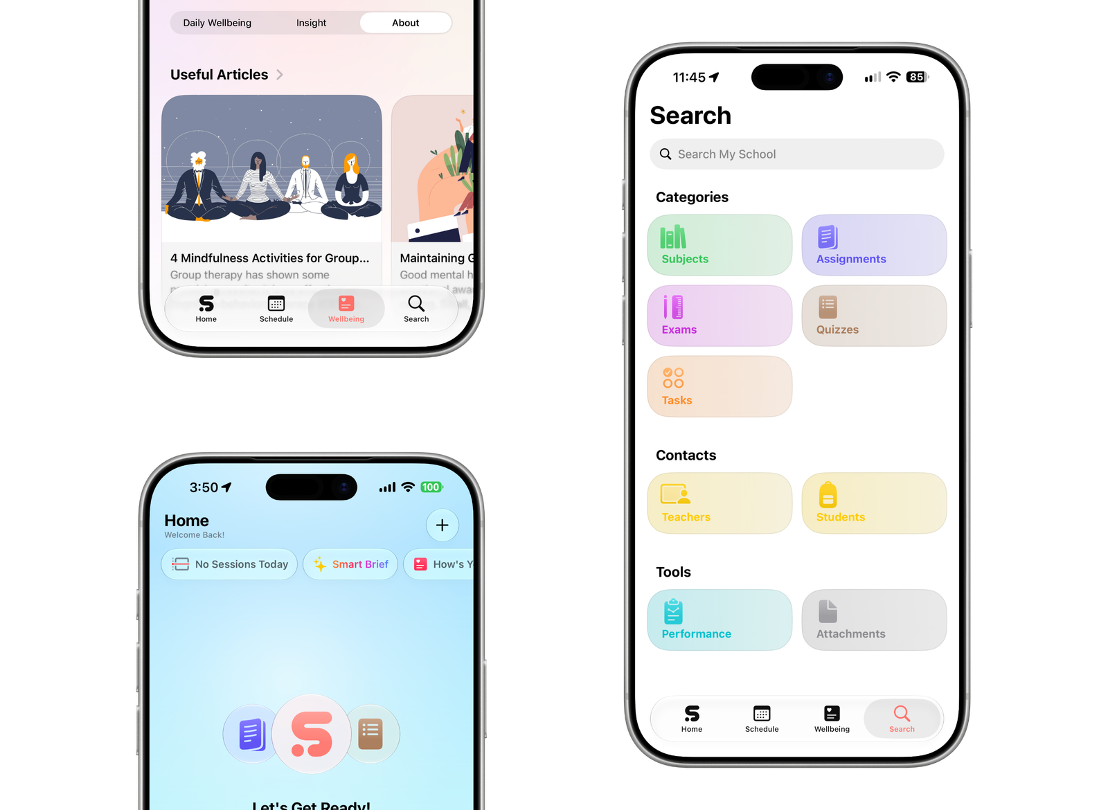 Three core interaction patterns work together to reduce navigation effort: contextual actions through the top bar, quick access via the tab bar, and a dedicated Search hub for discovering every feature.