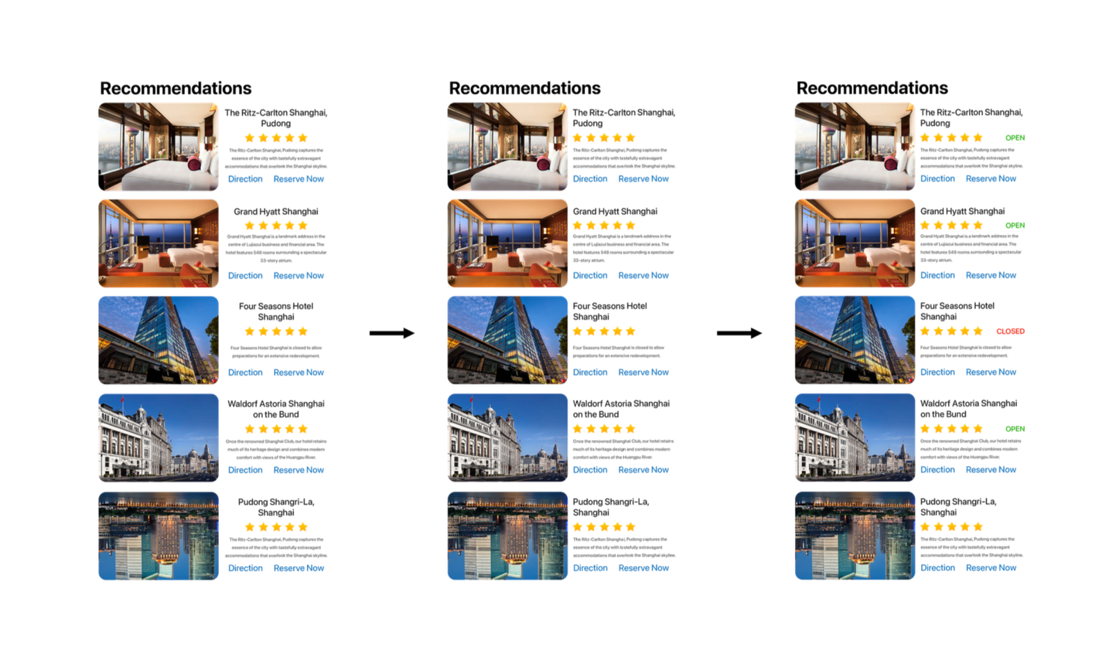 Progressive refinement simplified recommendation cards, making ratings, descriptions, and actions easier to scan while preserving a consistent visual structure.