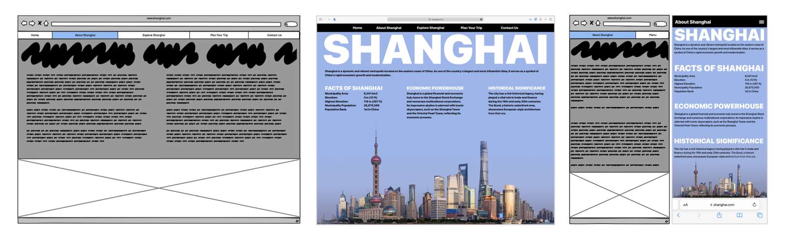 Early wireframes established the overall structure before evolving into an editorial layout that balances large typography, concise information, and panoramic city imagery.