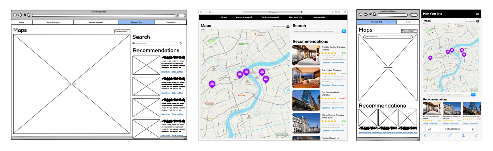 The trip planning experience evolved from low-fidelity wireframes into responsive desktop and mobile interfaces, integrating interactive maps, search, and personalised recommendations within a cohesive layout.