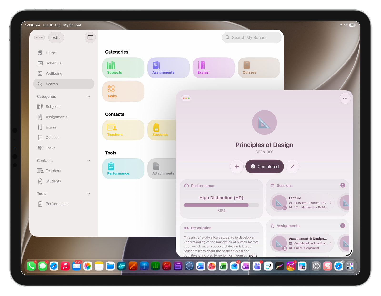 On iPad, My School embraces desktop-class productivity through multiple windows, allowing students to reference course information while managing schedules, assignments, and other academic tasks.