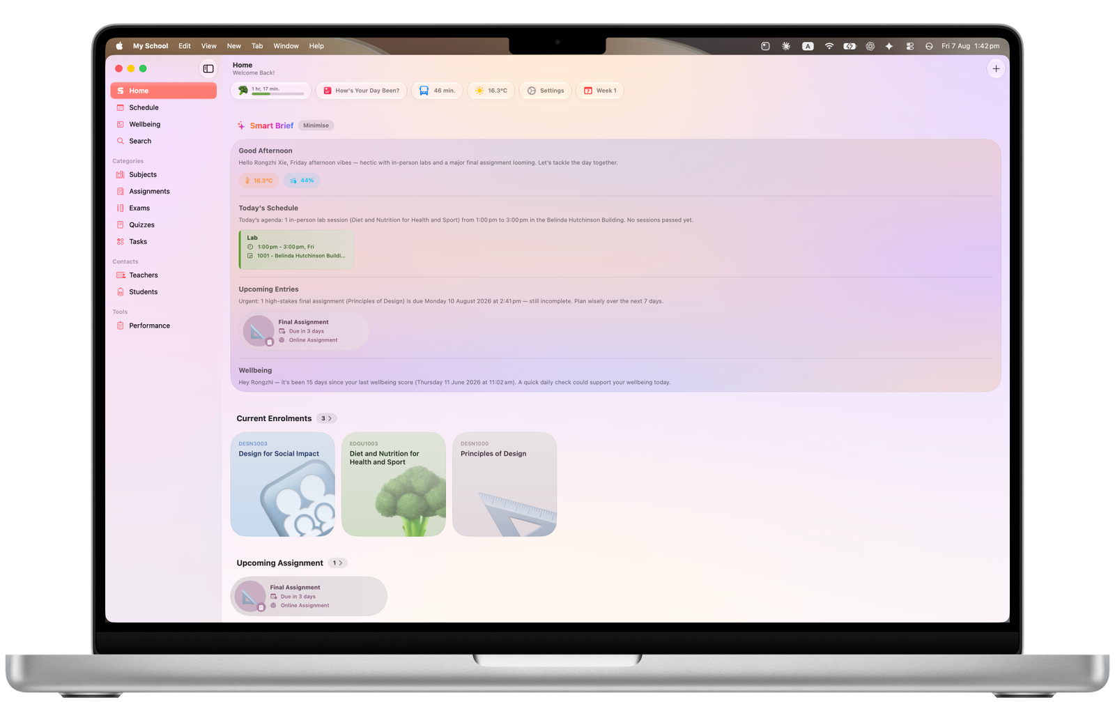 Smart Brief brings together schedules, upcoming deadlines, wellbeing reminders, and personalised insights into a single contextual overview, helping students quickly understand what matters most.